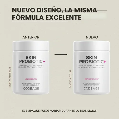Vista 3 de Codeage Probióticos para la piel + prebióticos, suplemento de rutina para el cuidado de la piel, 50 mil millones de UFC, hierbas botánicas