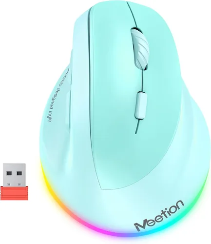 Vista 15 de MEETION Ratón ergonómico para zurdos, ratón inalámbrico vertical RGB recargable, Bluetooth (5.2 + 3.0) y USB-A con adaptador USB-C, 4 DPI