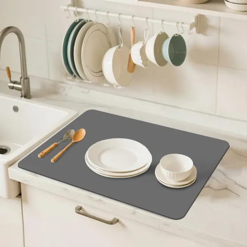 Vista 2 de Tapete de secado de platos para encimera de cocina, tapete de barra de café para encimeras, almohadilla de secado de platos con parte trasera