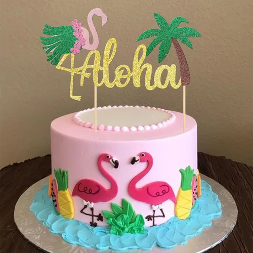 Vista 5 de 1 decoración para tarta de Aloha con purpurina para baby shower, paleta, palmera, flamenco, decoración para verano, hawaiano, Luau, tropical, Aloha