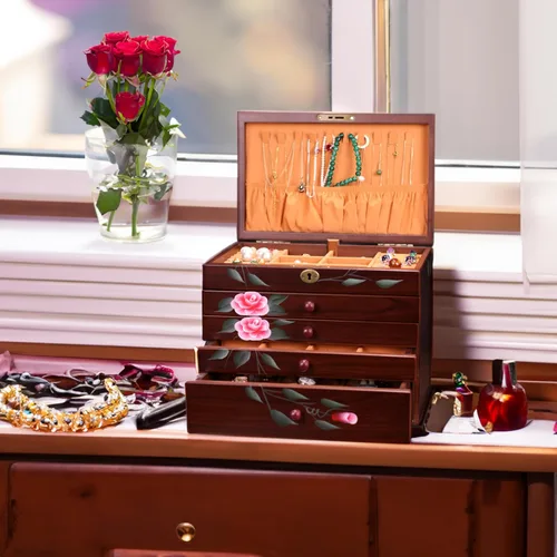 Vista 6 de Xloverise Joyero de madera para Wowen, organizador de 5 capas de pintura a mano con colgador de collar, organizador de cajas de joyería grandes