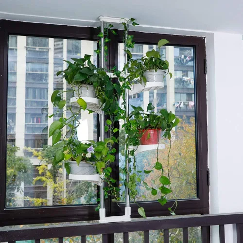 Vista 4 de BAOYOUNI Soporte para plantas de interior con ventana, estante de almacenamiento de metal con doble poste, soporte para macetas, estante