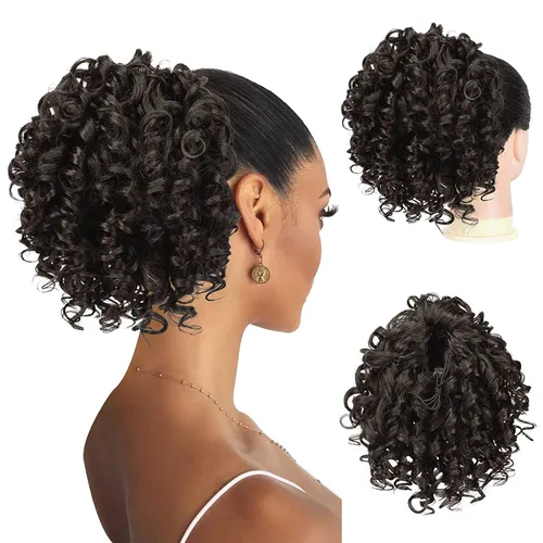 Vista 12 de PEACOCO Extensión de cola de caballo rizada con cordón para mujeres negras - Cola de caballo de 6 pulgadas con clip, postizo sintético de afro corto