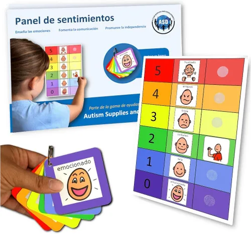 Vista 7 de Autism Supplies and Developments, pizarrón de sentimientos Pecs Waterproof wipe-clean plastic, A4 size, movable 'Me' marker, 6 cards on ring
