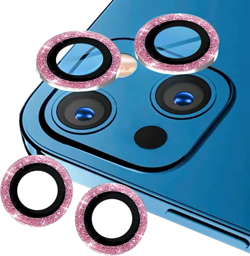 Vista 8 de Compatible con iPhone 12 Pro Max, protector de lente de cámara rosa, Apple iPhone 12 Pro Max, protector de lente con purpurina, accesorios