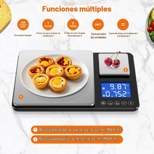 Vista 3 de KUAIVO Báscula de cocina de doble plataforma de 0.001 oz/33 libras, peso digital, gramos y onzas, báscula de cocina de dos precisiones para pan