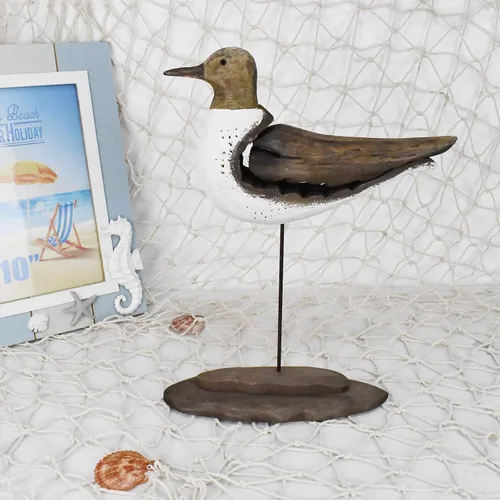 Vista 3 de Estatua de pájaro marino de madera, gaviota en el soporte, escultura náutica de aves costeras, para interiores y exteriores, figura de animales