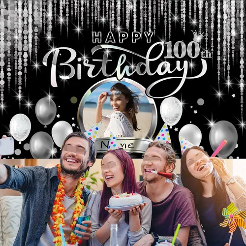 Vista 6 de Cartel de decoración de feliz cumpleaños número 100 personalizado - Personalización disponible - Negro y plateado - Tamaño grande - Admite fotos