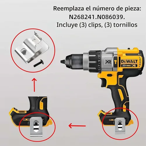 Vista 5 de Paquete de 3 clips para cinturón N268241 N086039 para herramientas DeWalt de 20 V, acero inoxidable 304