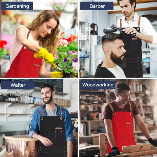Vista 5 de Genixart Delantal de chef para hombres y mujeres con caja de regalo, delantal con espalda cruzada con bolsillos para cocina, cocina, hornear, Negro