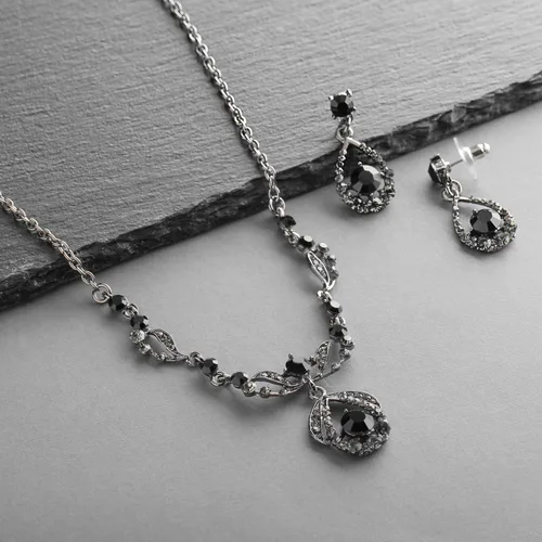 Vista 6 de Mariell Juego de collar y aretes de cristal vintage negro azabache para novias, damas de honor, baile de graduación, Metal Cristal, Cristal