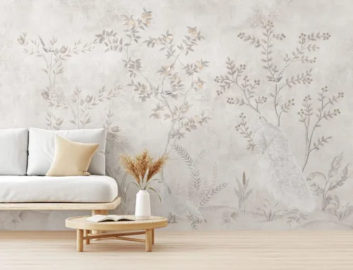 Vista 5 de Murwall Bright Chinoiserie Wallpaper Peacock Birds with Fruit Trees Wall Mural Monochrome Chinese Wallpaper