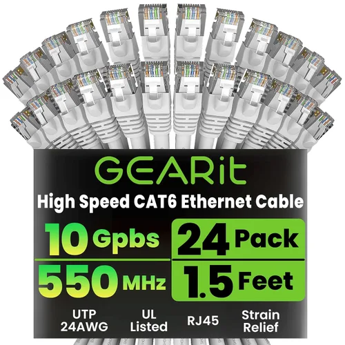 Vista 10 de GEARit Paquete de 24 cables Ethernet Cat6 de 0.5 pies Cable de conexión de red RJ45, conectores chapados en oro sin enganches de 10 Gbps, cable