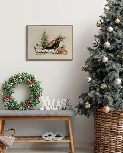 Vista 2 de Arte de pared con trineo, árbol navideño y cajas de regalo, 12 x 16 pulgadas, lienzo enmarcado de Navidad, cuadro rústico festivo, obra de arte