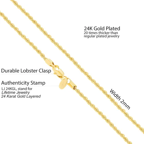 Vista 4 de LIFETIME JEWELRY 2mm Gold Rope Chain for Men & Women 24k Real Gold Plated Diamond Cut Gold Necklace for Women & Necklace for Men 14 to 36 Inch Gold
