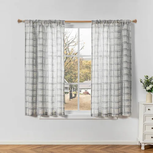 Vista 14 de MYSKY HOME Cortinas de lino transparentes de 45 pulgadas de largo para dormitorio, cocina, paneles de cortina florales, cortinas semicirverticales