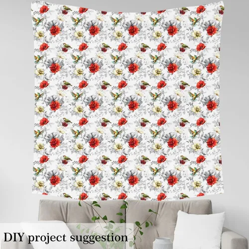 Vista 4 de The Yard - Tela de amapola roja por yarda, pintura a tinta, flores florecientes, tela para adolescentes, niñas, mujeres, acuarela, pájaros, rústico