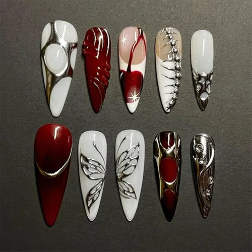 Vista 12 de MISUD Uñas a presión largas tipo Stiletto con pegamento de Rojo Gótico y Negro, diseño gótico cruzado acrílico, 24 piezas 02301Negro y Rojo