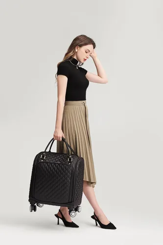 Vista 7 de VH&GRED Maleta de lujo con ruedas universales de 16 pulgadas, ligera, de viaje, pequeña, con costuras de diamante, bolsa de cuero sintético, Negro