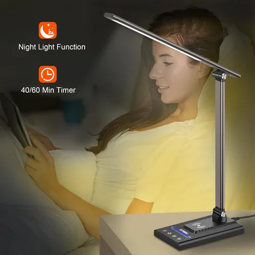 Vista 6 de AFROG - Lámpara de escritorio LED multifuncional de 5ª generación con cargador inalámbrico de carga rápida de 10 W, puerto de carga USB, 1800 lux