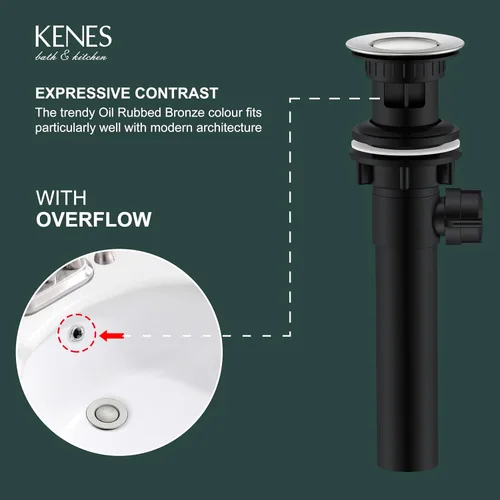 Vista 3 de KENES Conjunto de tapón de drenaje para lavabo de baño con varilla de elevación, drenaje de lavabo de níquel cepillado con desbordamiento, conjunto