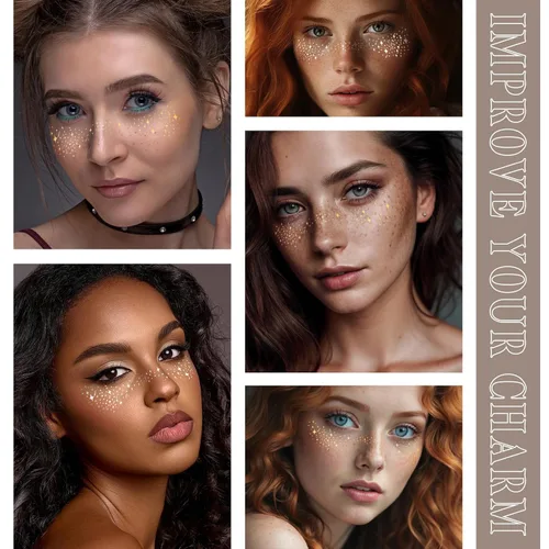 Vista 4 de Pecas con purpurina para tatuajes faciales, 6 hojas de parches de maquillaje facial con estrellas doradas y plateadas, pecas falsas lindas