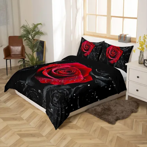 Vista 2 de Feelyou - Juego de funda de edredón con estampado floral de rosas - Juego de ropa de cama con flores románticas para dormitorio de niños, niñas