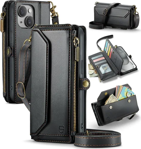 Vista 38 de Strapurs - Funda magnética desmontable para iPhone 15, color negro Compatible with Magsafe, Crossbody Wrist Strap, RFID Blocking 9-Card Holder