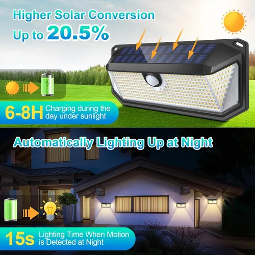 Vista 2 de Paquete de 2 luces solares con sensor de movimiento para exteriores, 388 LEDs 4000LM luces solares para exteriores impermeables con ángulo amplio