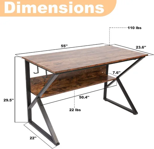 Vista 3 de Escritorio de computadora, escritorio de oficina, mesa de PC de 47 pulgadas, grano de madera rústica industrial con estante de almacenamiento con 4