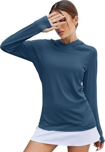 Vista 15 de LUYAA - Sudaderas con capucha para mujer, protección solar UPF 50+, transpirables, elásticas, para senderismo, manga larga, para correr Beige
