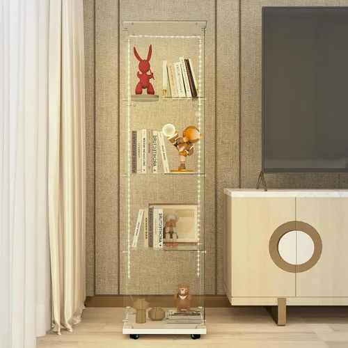 Vista 23 de Armario esquinero de cristal templado con 4 estantes de 64 pulgadas de alto, gabinete de licor de 5 lados con luces LED, bloqueo y pies ajustables