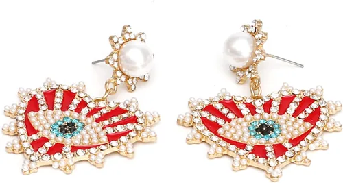 Vista 5 de SISOFTLY Aretes de ojo malvado, aretes colgantes de cristal con forma de corazón para mujer, aretes colgantes grandes