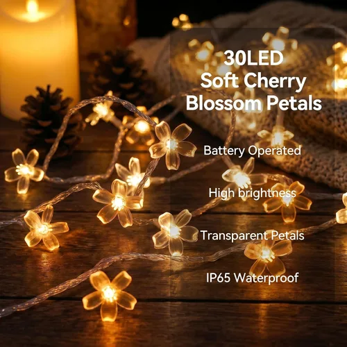 Vista 2 de ITICdecor Guirnalda de luces de flores de 15 pies, 30 luces LED de hadas de Navidad con pilas, para interiores y exteriores, iluminación