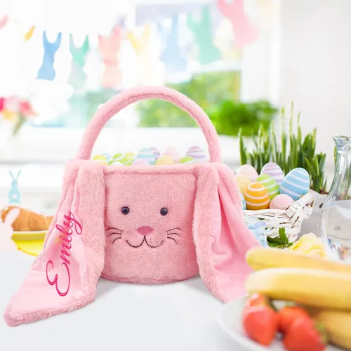 Vista 5 de Cesta de Pascua de felpa con nombre personalizado para niños, cesta de Pascua de conejo peludo con orejas largas para niños y niñas, cesta de caza