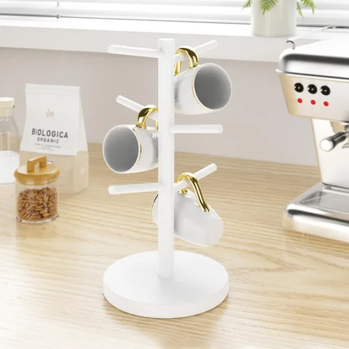 Vista 8 de Wisuce Árbol de taza de café negro, base gruesa de bambú actualizada, soporte para taza de café con 6 ganchos para soporte organizador de tazas
