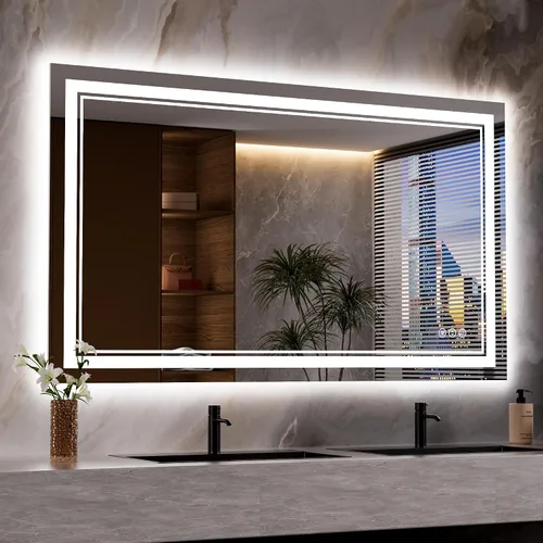 Vista 53 de Espejo de baño LED de 24 x 28 pulgadas, luz frontal y retroiluminada, antiniebla, regulable, espejo de tocador iluminado con memoria, espejo LED