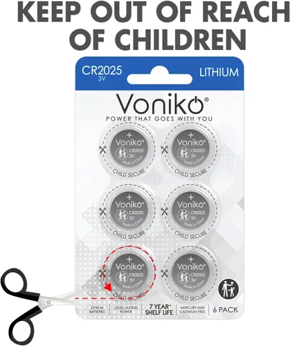 Vista 4 de Voniko Pilas de litio CR2025 de 3 V para seguridad infantil, compatibles con controles remotos, llaveros, relojes, calculadoras, 7 años de vida útil