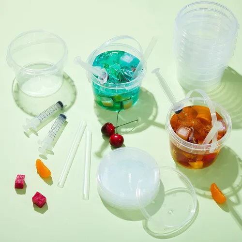 Vista 5 de Willinglong Juego de 20 cubos de plástico transparente de 16 onzas para bebidas con pajitas, tapas y jeringas para bebidas, tazas de café helado