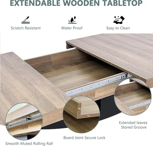 Vista 5 de Juego de mesa de comedor extensible de 5 piezas con 4 sillas de tela, mesa extensible marrón con base negra, juego moderno de comedor de madera