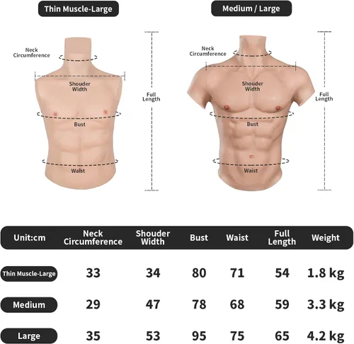 Vista 7 de Minaky Traje muscular de silicona para el pecho masculino, vientre muscular falso realista para cosplay, fiesta transgénero