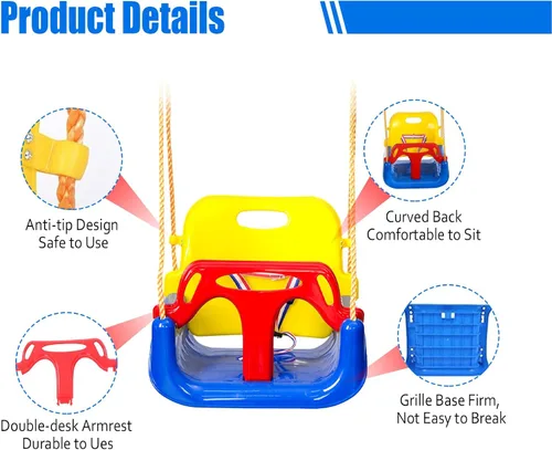 Vista 6 de IFOYO Asiento de columpio convertible 3 en 1 para niños con respaldo alto desmontable, columpio seguro para interiores y exteriores para niños
