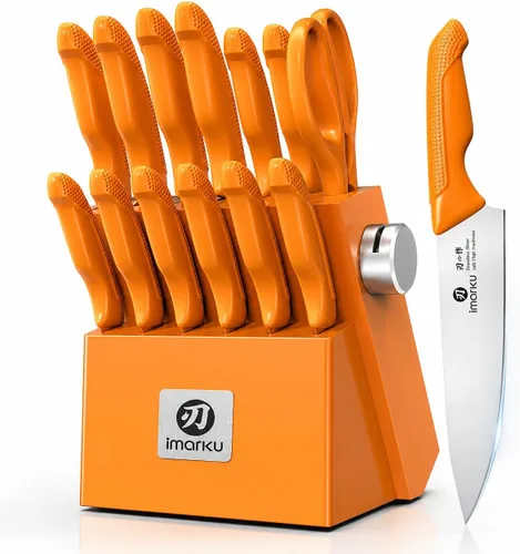 Vista 6 de imarku Juego de 14 cuchillos con bloque, juego de cuchillos de cocina de acero inoxidable japonés con afilador integrado, asas ergonómicas