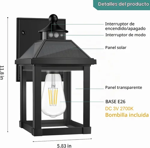 Vista 5 de AEQ Luces solares para porche al aire libre, apliques solares para exteriores con sensor de movimiento, luz de pared impermeable con panel