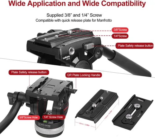 Vista 2 de Cabeza fluida de 2.953 in Base de trípode con mango Placa de liberación rápida resistente para cabezal de video Manfrotto, carga de hasta 33 libras