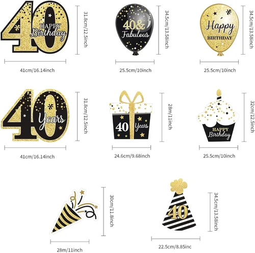 Vista 4 de Decoraciones de feliz cumpleaños 40 para hombres al aire libre 40 cumpleaños patio carteles con estacas negro y dorado 40 cumpleaños fiesta patio