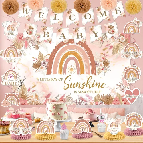 Vista 2 de Decoraciones de baby shower estilo bohemio rosa para niña, A Little Ray of Sunshine is Almost Here Boho Rainbow Welcome Baby Banner telón de fondo