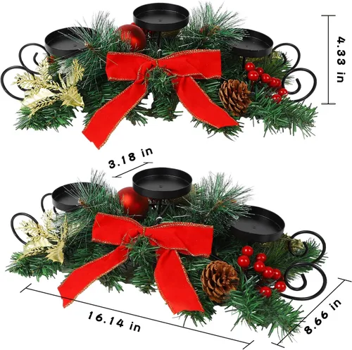 Vista 3 de MorTime - Portavelas de Navidad para centro de mesa, decoración de mesa de Navidad con lazo rojo, bayas, piñas, centro de mesa con base de acero