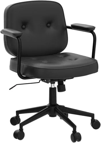 Vista 4 de LukeAlon Silla de escritorio ajustable de piel sintética, silla giratoria de 360° negra con reposabrazos, asiento grueso, botones y ruedas