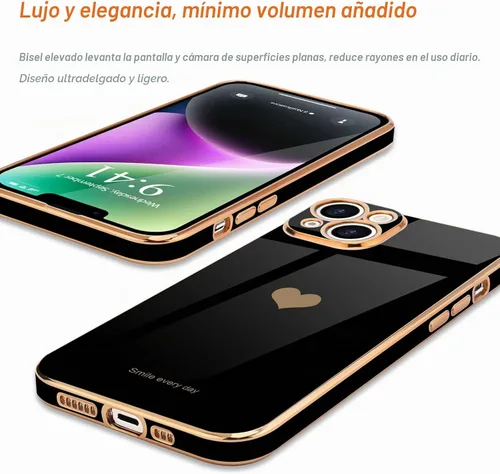 Vista 4 de Teageo - Funda para iPhone 14 Plus para mujeres y niñas, diseño de corazón de amor, color negro Luxury Plating Soft Bling Back Cover Raised Full
